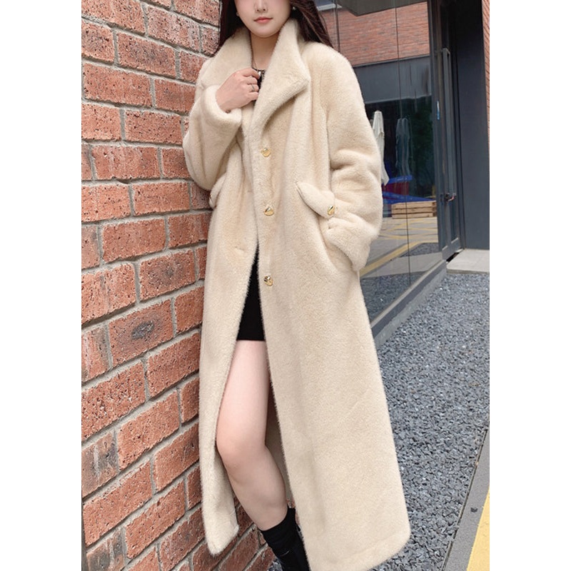 Casual Beige Notched Button Thick Leather And Fur Long Coats Winter