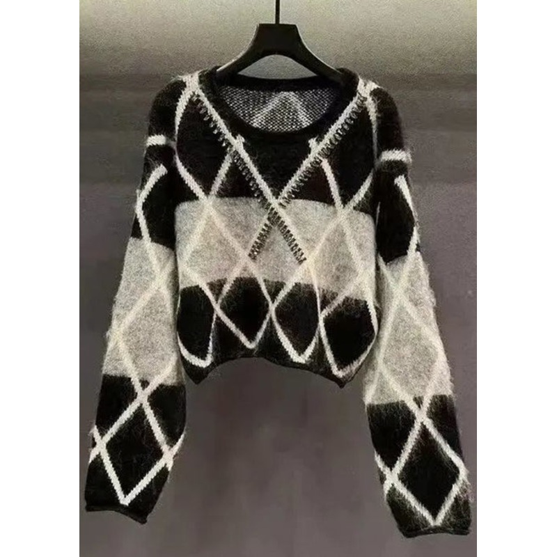Chic Black Plaid Sequined Patchwork Cotton Knit Sweaters Long Sleeve