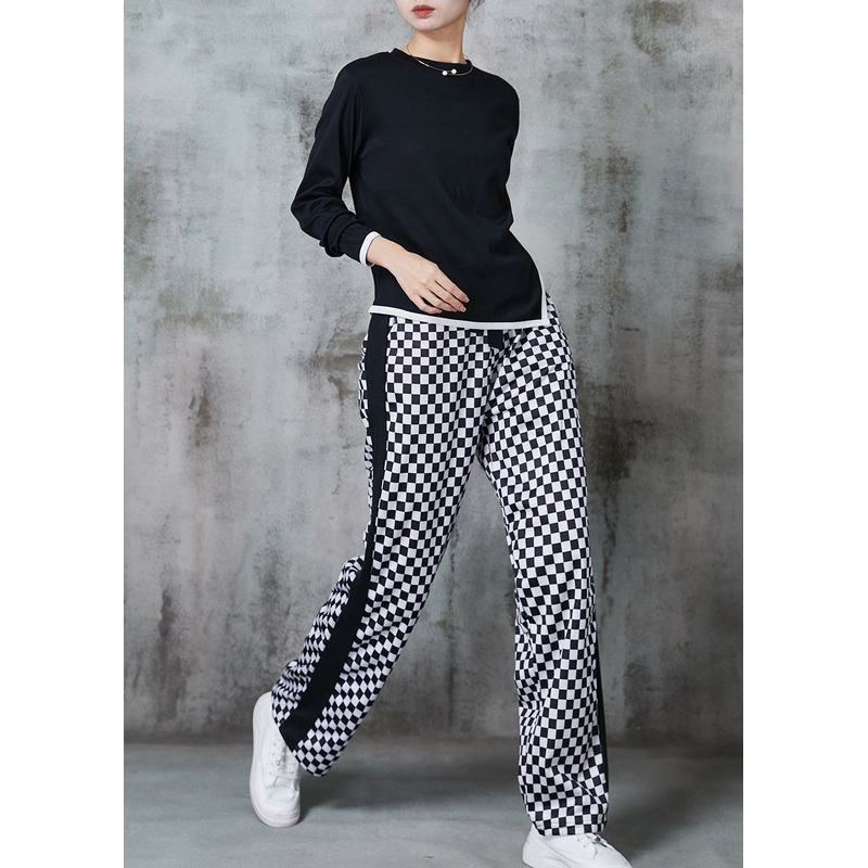 Chic Black Plaid Side Open Cotton Two Pieces Set Spring