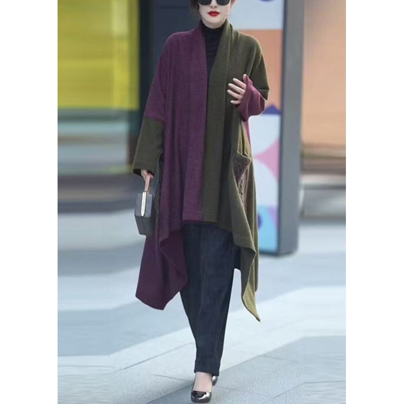 Chic Colorblock V Neck Low High Design Knit Long Cardigans Winter