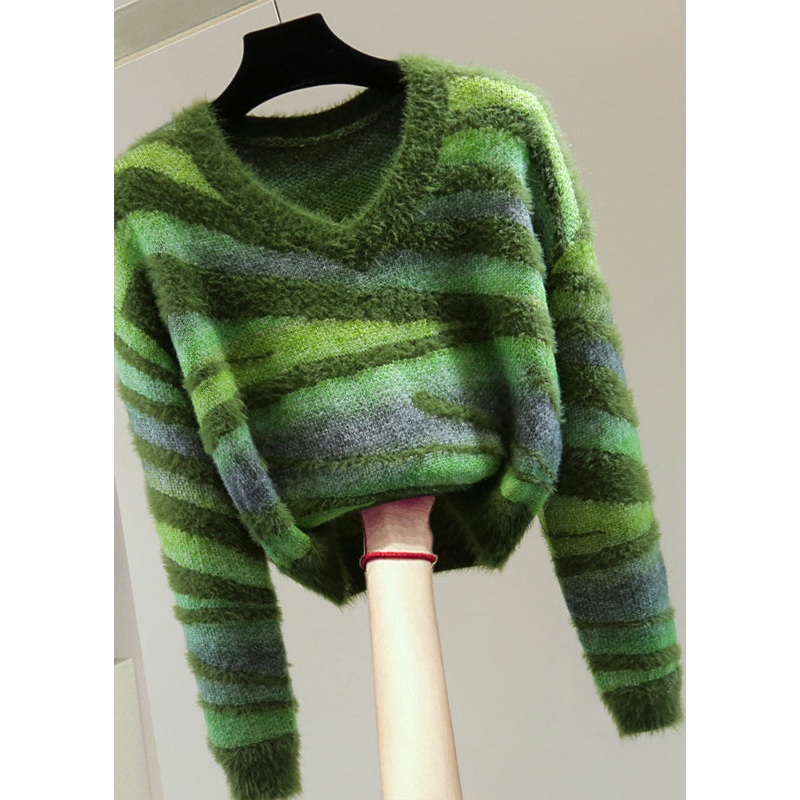Chic Green V Neck Thick Striped Cotton Knit Sweater Winter