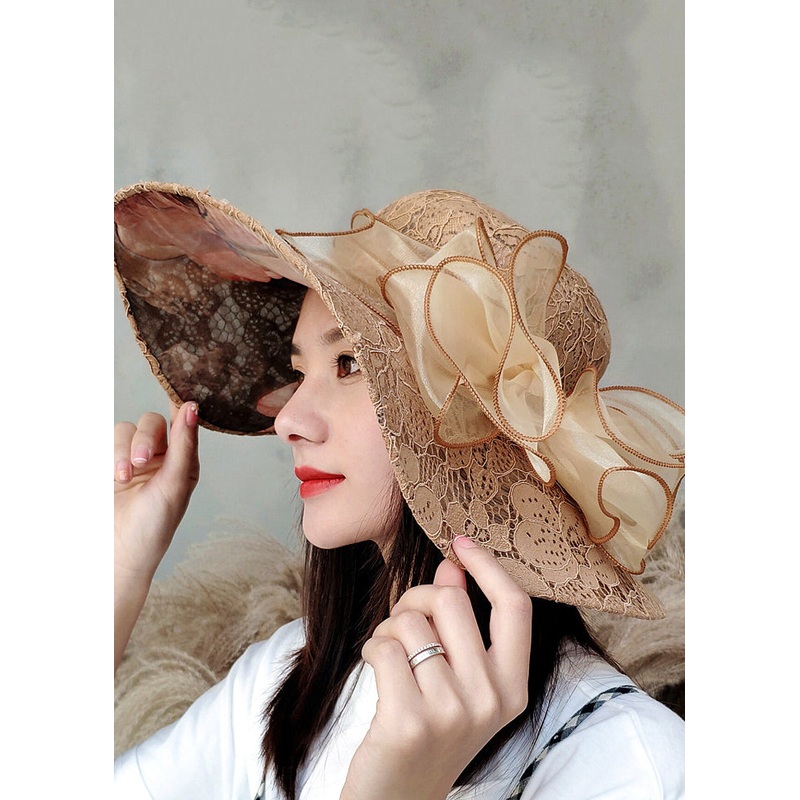 Chic Khaki Lace Bow Tulle Floppy Sun Hat
