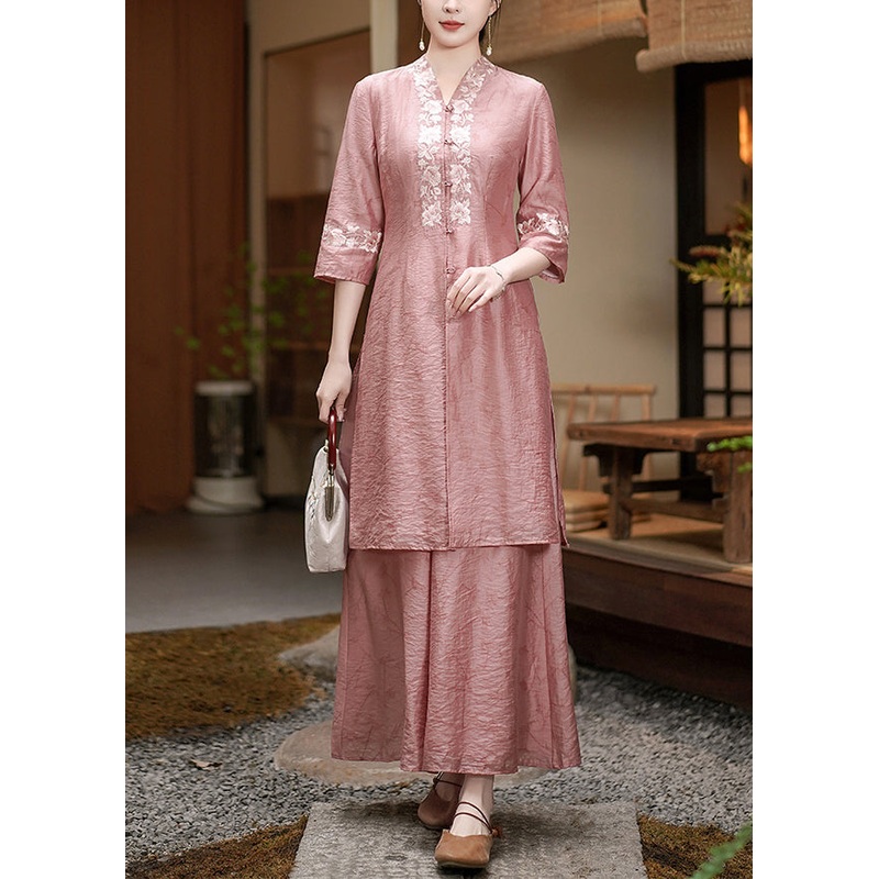 Chinese Style Pink Embroidered Button Side Open Silk Two Pieces Set Half Sleeve