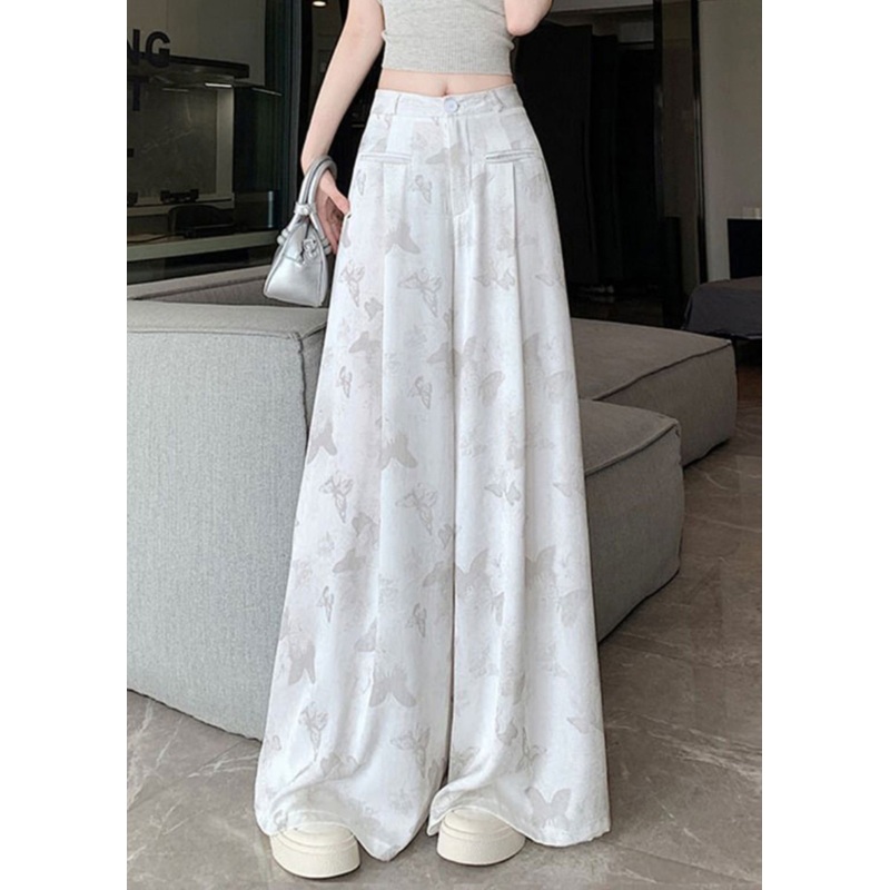 Chinese Style White Pockets Butterfly Print Draping Floral Pants