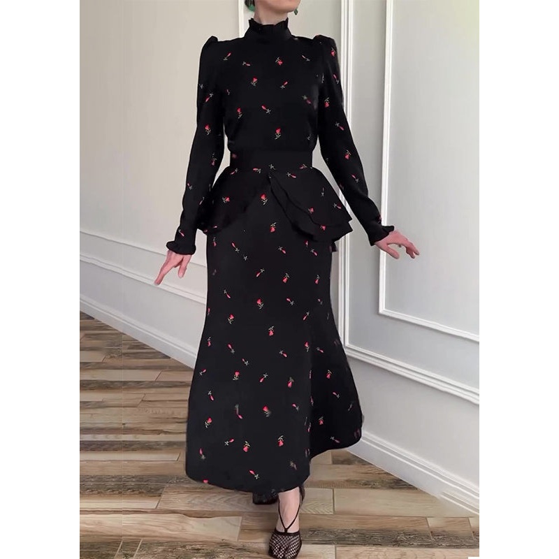 Classy Black Hign Neck Print Patchwork Chiffon Dress Long Sleeve