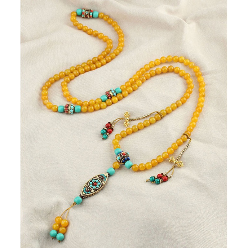 Classy Yellow Copper Alloy Agate Beading Tassel Pendant Necklace