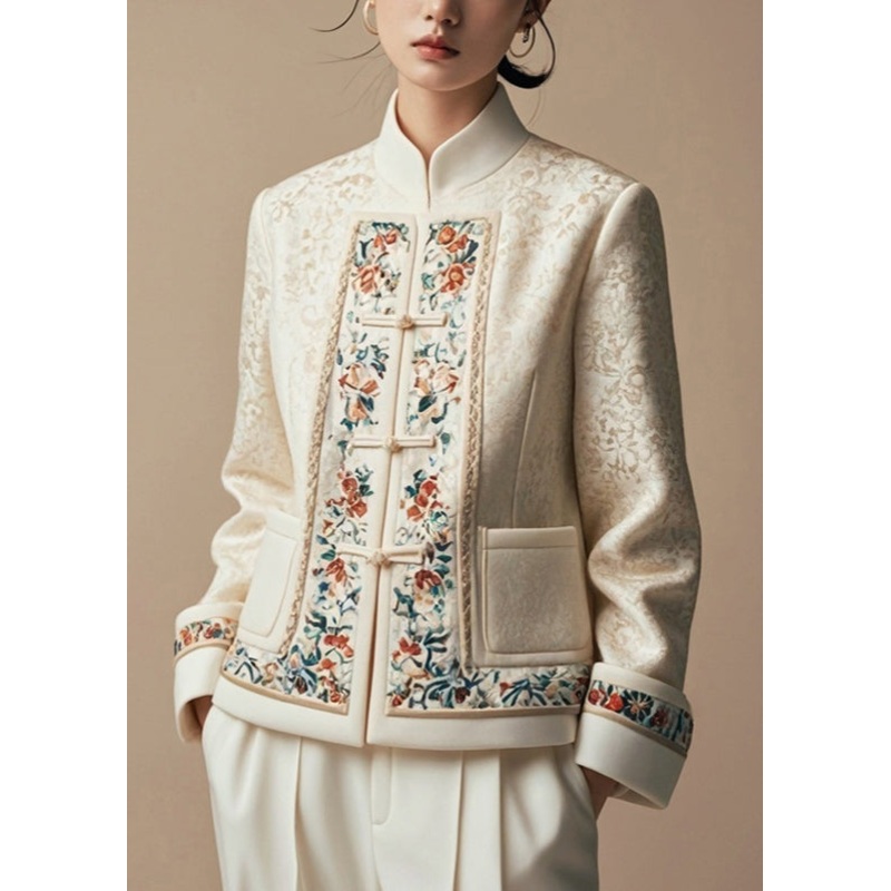 Elegant Apricot Print Pockets Cotton Coats Fall