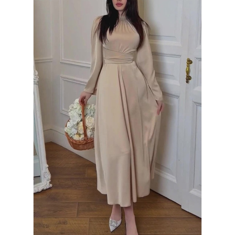 Elegant Apricot Stand Collar Lace Up Silk Dress Fall
