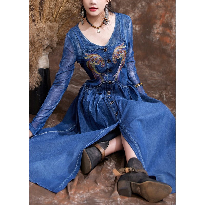 Elegant Navy O-Neck Embroidered Button Robe Denim Dresses Spring