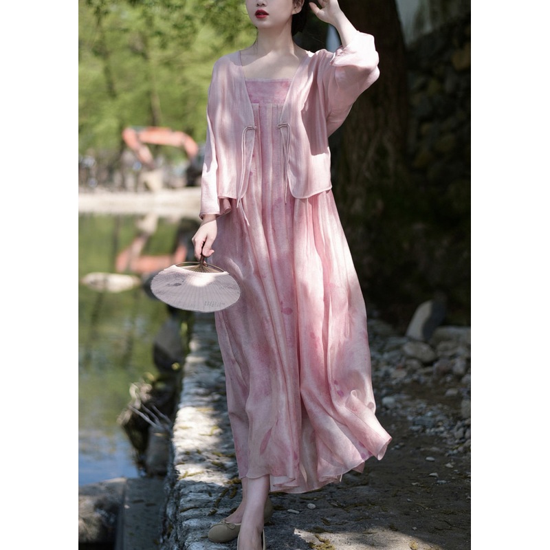 Elegant Pink Button Print Silk Linen Two Pieces Set Long Sleeve