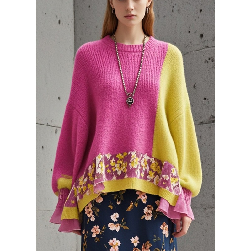 Elegant Rose Oversized Patchwork Cozy Knit Sweater Fall
