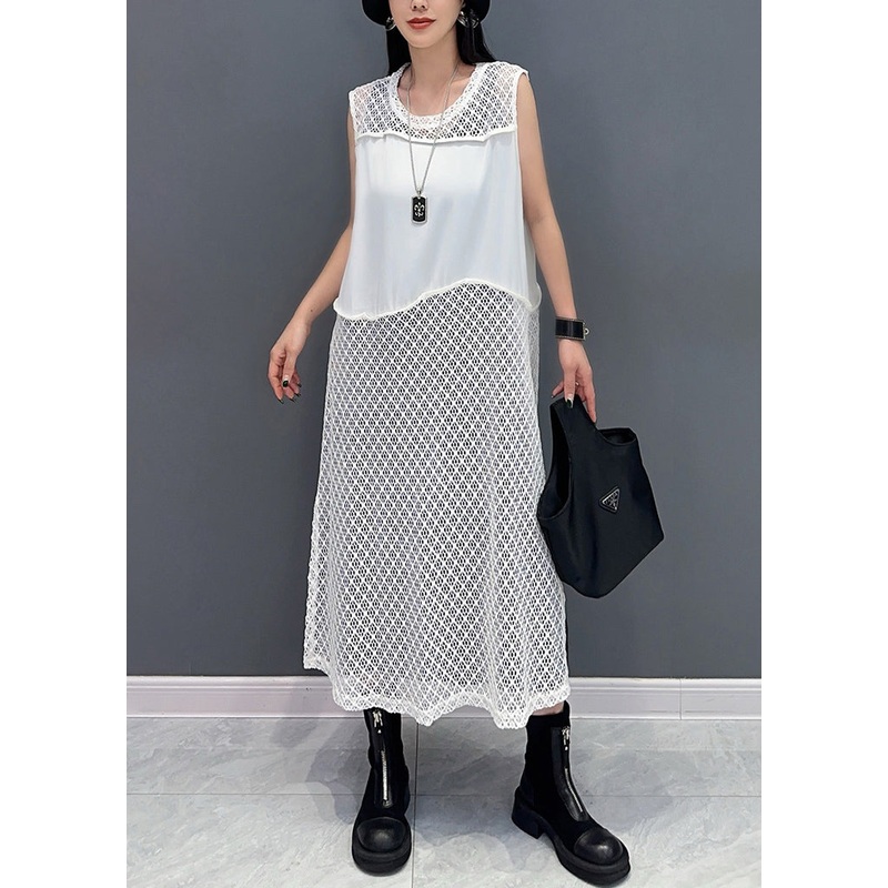 Elegant White O Neck Hollow Out Knit Dress Sleeveless