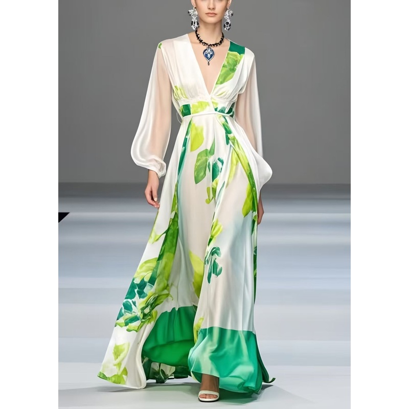 Elegant White Print Exra Large Hem Silk Robe Dresses Spring