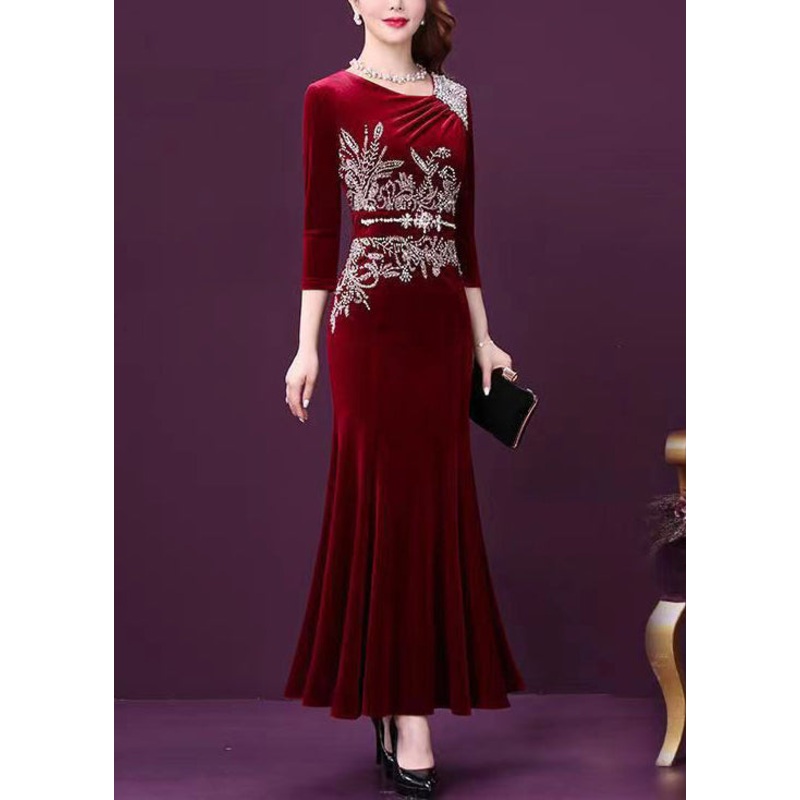 Elegant Wine Red Zircon Patchwork Silk Velour Fishtail Skirt Dress Half Sleeve
