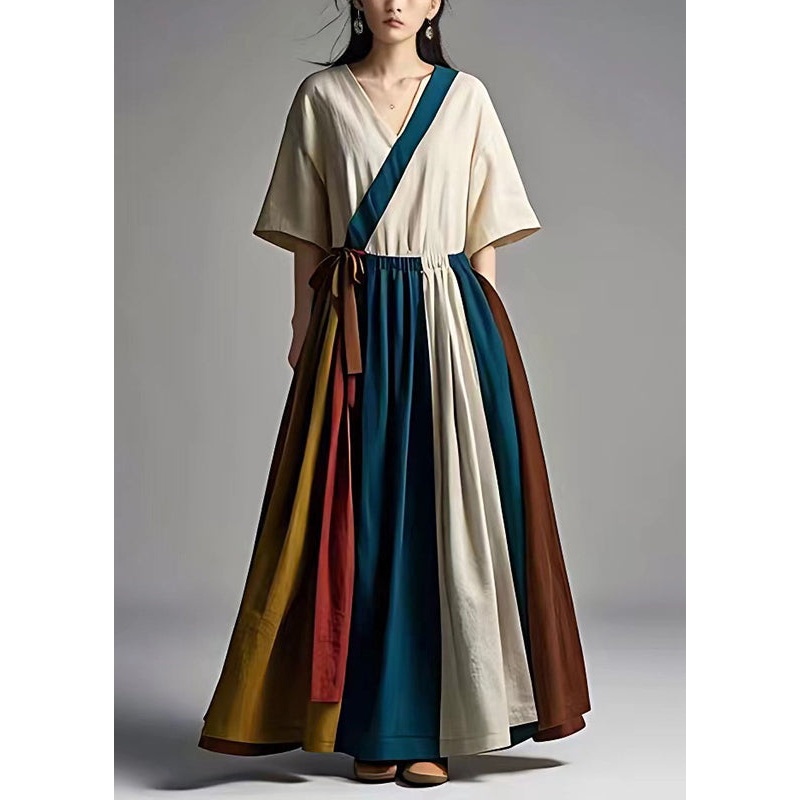 Ethnic Style White Cinched Patchwork Cotton Dresses Summer