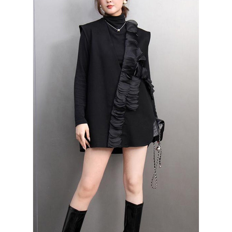 Fashion Black V Neck Ruffled Patchwork Waistcoat Spring