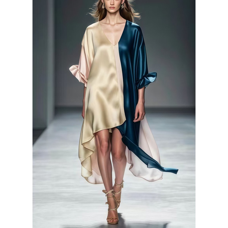 Fine Colorblock V Neck Patchwork Low High Design Silk Holiday Dress Summer