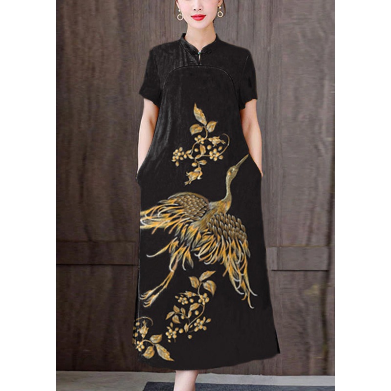 Fitted black phoenix Mandarin Collar Print Pockets Silk Long Dresses Short Sleeve