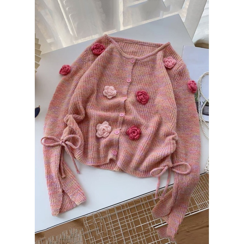 Floral Pink O Neck Button Lace Up Knit Cardigan Winter