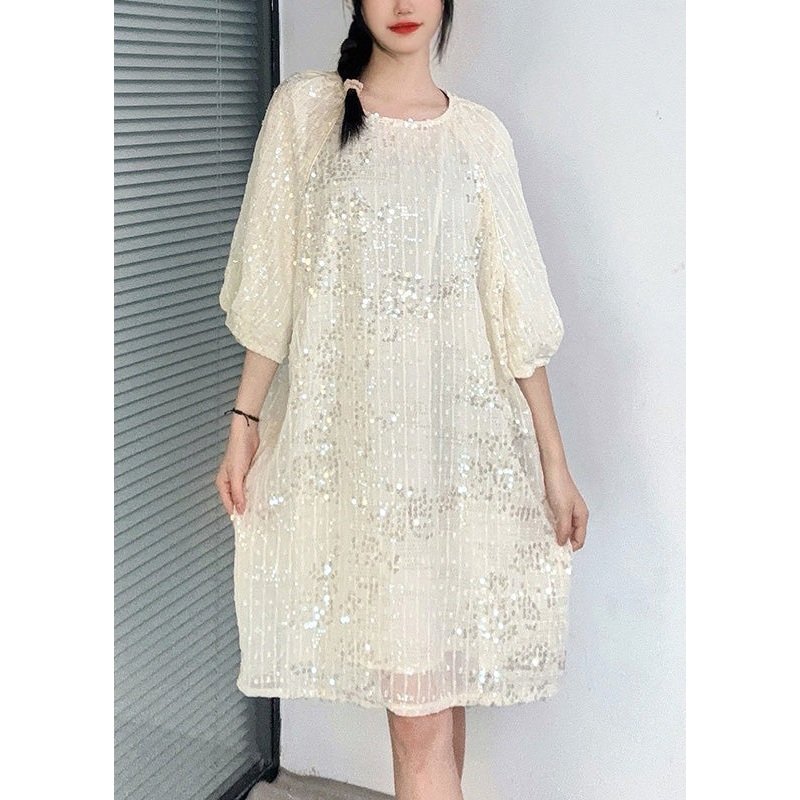 French Apricot O-Neck Sequins Mid Dress Summer