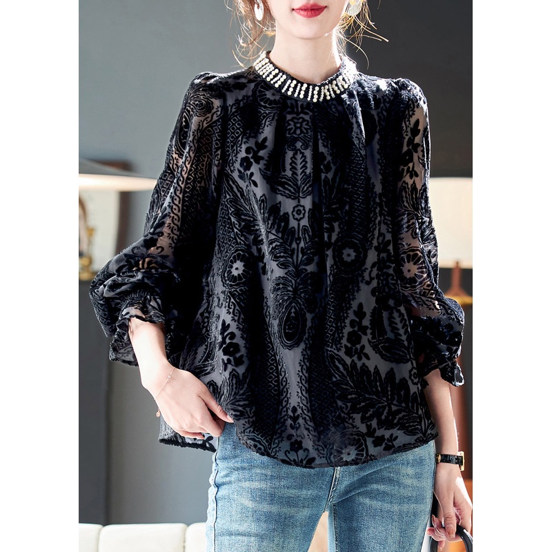 French Black Nail Bead Silk Velour Top Long Sleeve