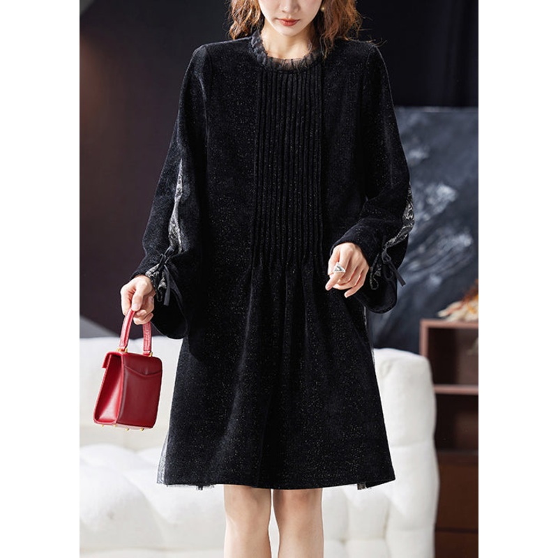 French Black Ruffled Tulle Patchwork Mid Dress Flare Sleeve
