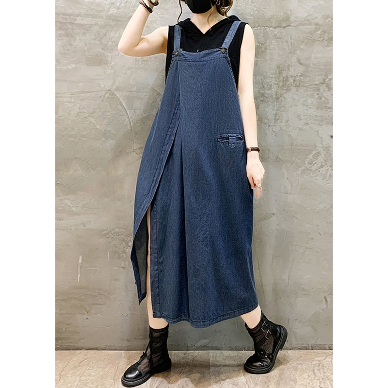 French Blue Pockets Side Open Denim Straps Dress Sleeveless