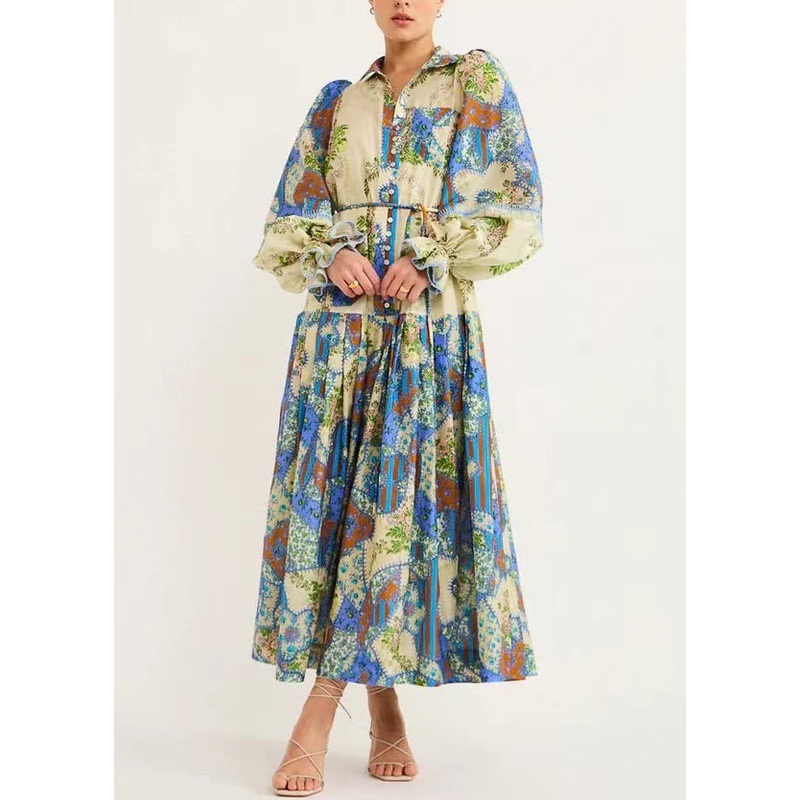 French Blue Print Tie Waist Silk Cotton Shirts Dresses Flare Sleeve