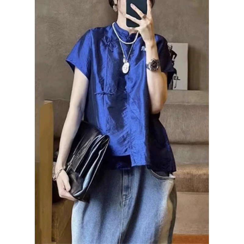 French Blue Stand Collar Button Silk Shirt Summer