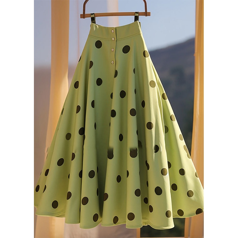French Green Dot Print Chiffon A Line Skirt Summer