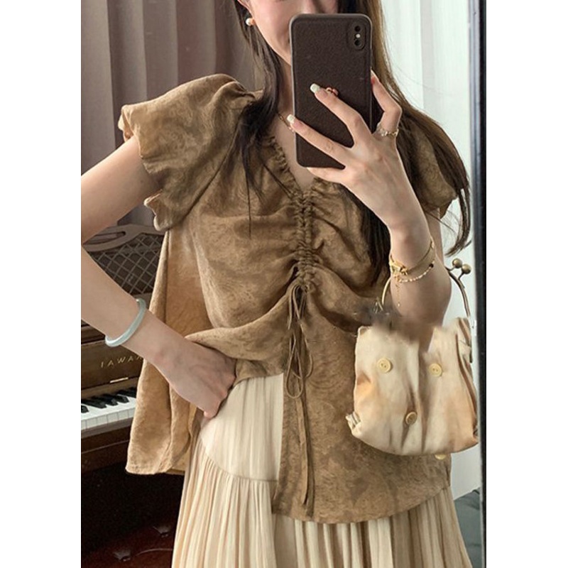 French Khaki V Neck Lace Up Cotton Shirts Puff Sleeve