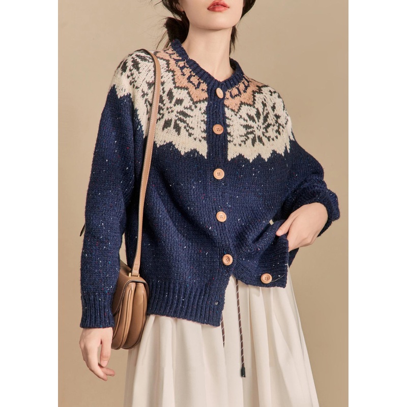French Navy Button Patchwork Knit Coat Winter