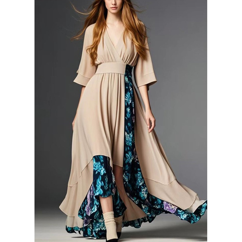 French Nude Asymmetrical Patchwork Chiffon Party Dress Summer