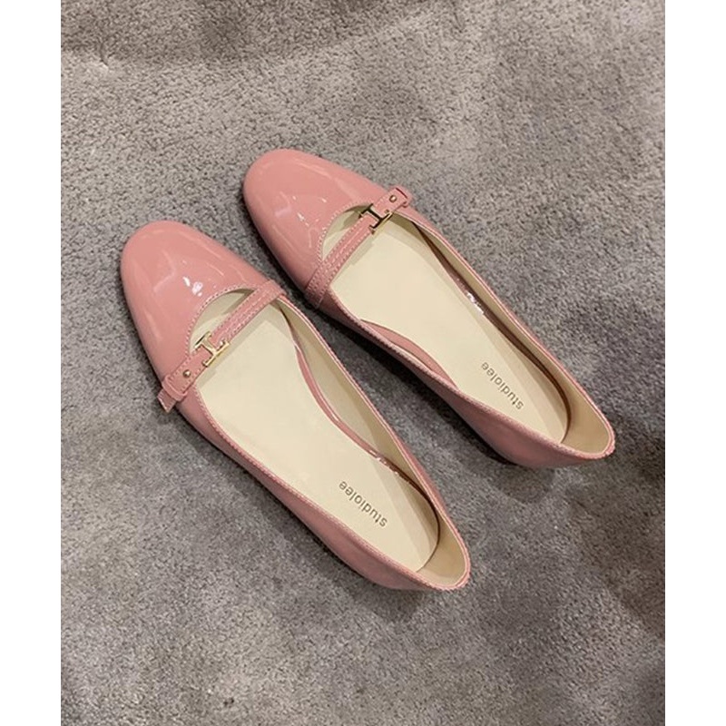 French Pink Faux Leather Flat Feet Shoes Splicing