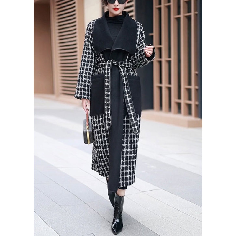 French Plaid Pockets Tie Waist Patchwork Woolen Coats Winter