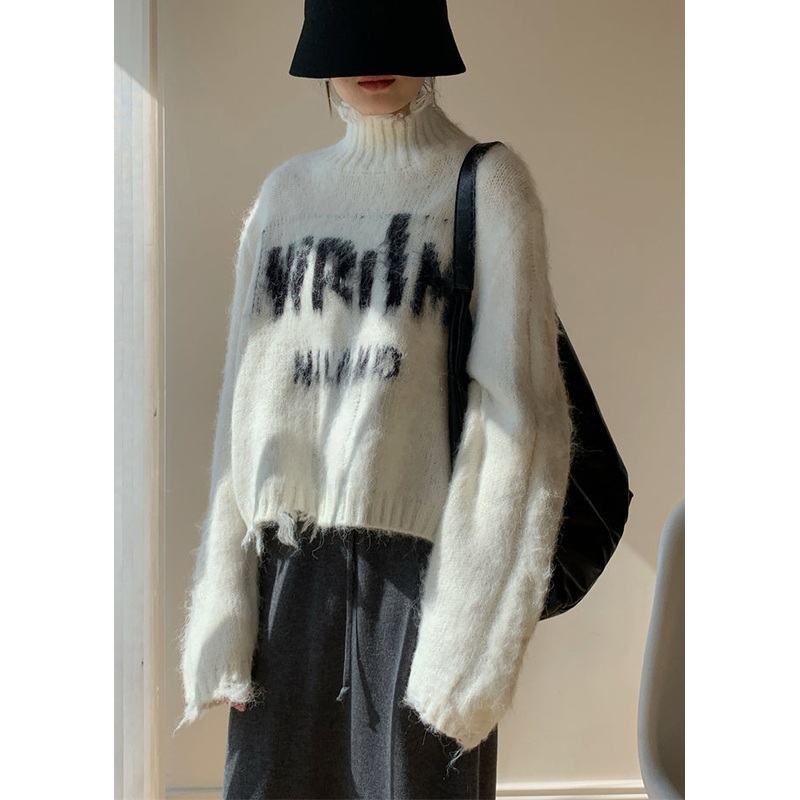 French White Turtleneck Hole Letter Knit Sweater Winter