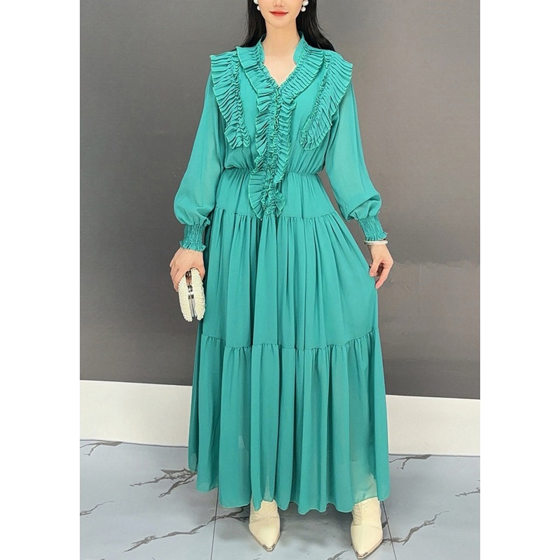 Green Ruffled Patchwork Chiffon Fall Maxi Dress V Neck