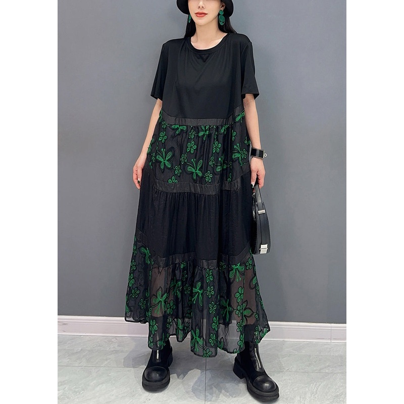 Green Tulle Patchwork Cotton Long Dresses O Neck Short Sleeve