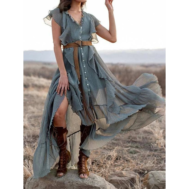 Grey Blue V Neck Button Up Ruffle Maxi Dress