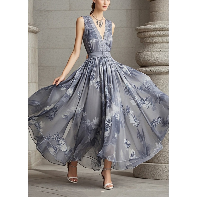 Grey Print Chiffon Long Dress Cinched Exra Large Hem Summer