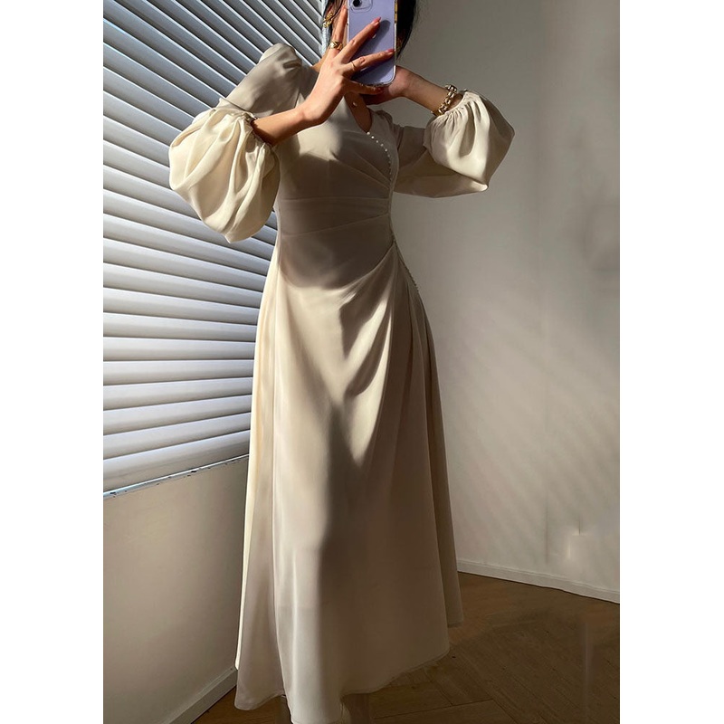 Handmade White V Neck Asymmetrical Design Nail Bead Silk Dress Long Sleeve