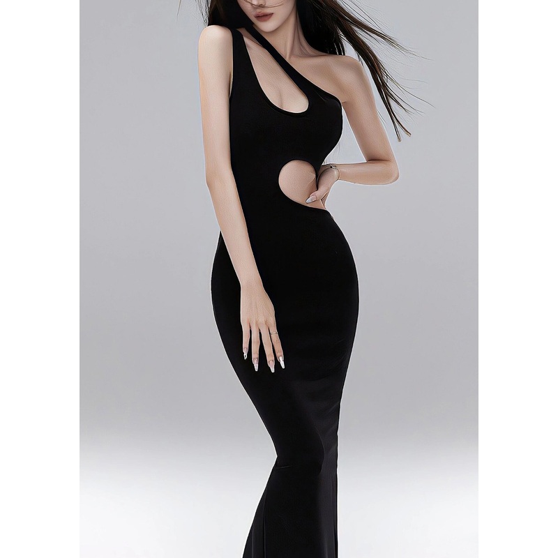 Italian Black One Shoulder Asymmetrical Hollow Out Maxi Dresses Sleeveless
