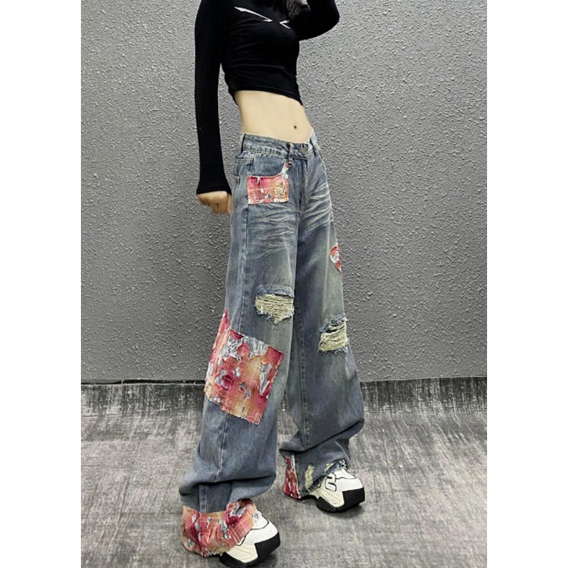 Italian Blue Pockets Patchwork Ripped Denim Wide Leg Pants Fall
