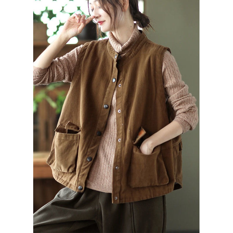 Italian Chocolate Stand Collar Oversized Pockets Cotton Vest Sleeveless
