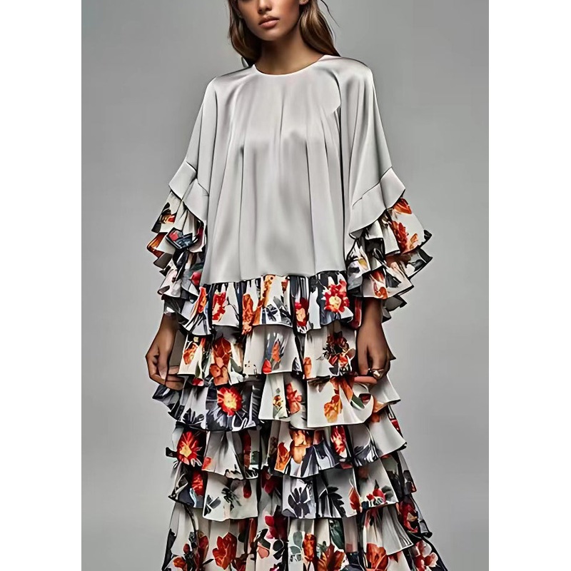 Italian Grey Layered Print Patchwork Silk Dress Butterfly Sleeve