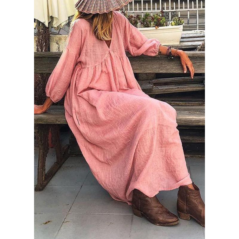 Italian Pink V Neck Patchwork Long Dress Bracelet Sleeve