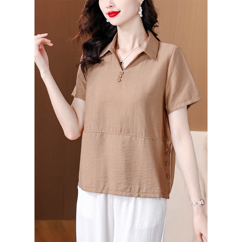 Khaki Versatile Cotton Shirt Top Peter Pan Collar Summer