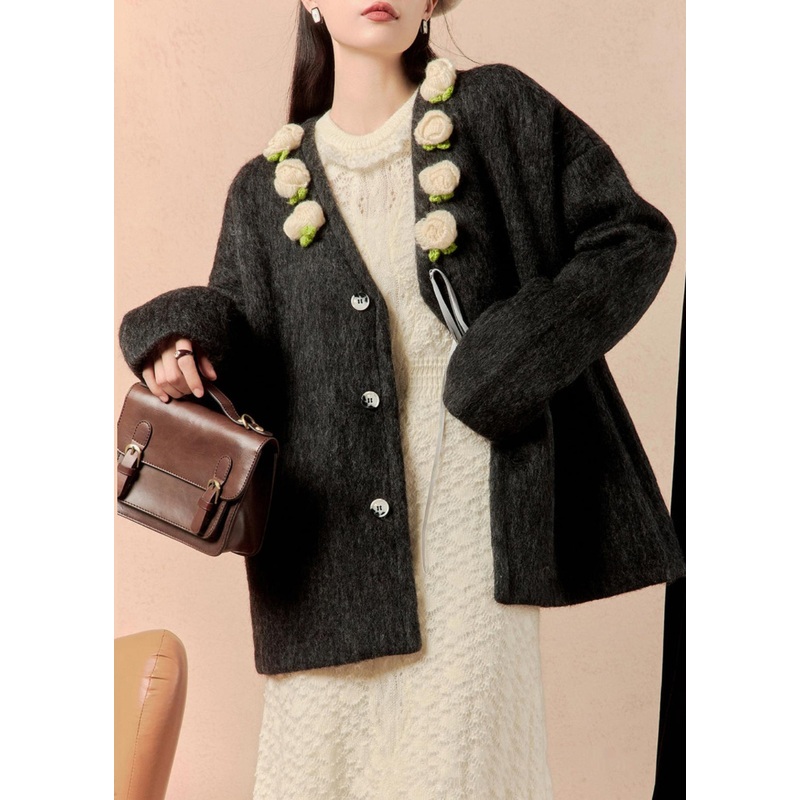 Loose Black Button Floral Patchwork Woolen Coat Winter