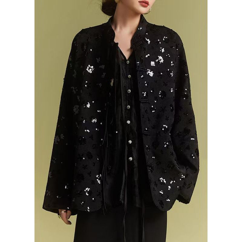 Loose Black Chinese Button Sequins Coats Fall