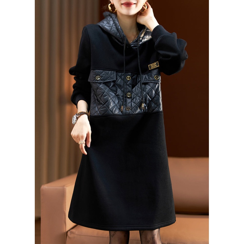 Loose Black Hooded Patchwork Cotton Filled Sweatshirt Mid Dresses Spring